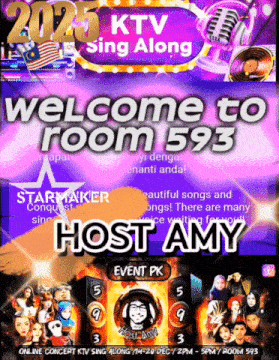 an advertisement for a ktv sing along with a host named amy