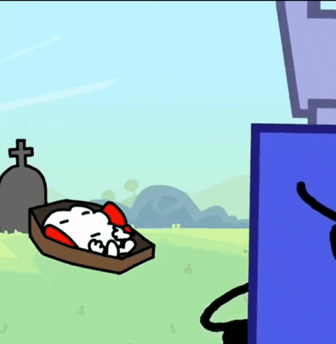 a cartoon of snoopy laying in a coffin next to a blue object