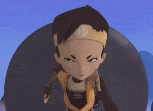 a cartoon character is wearing a headband with a letter d on it .