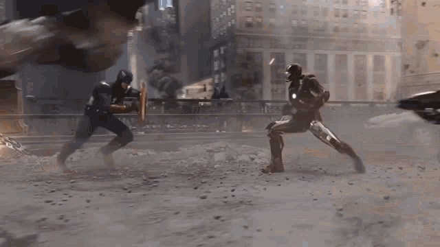 captain america and iron man are fighting each other in a city