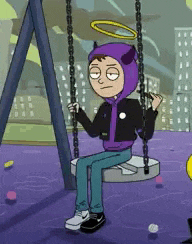 a cartoon character is sitting on a swing wearing a devil costume