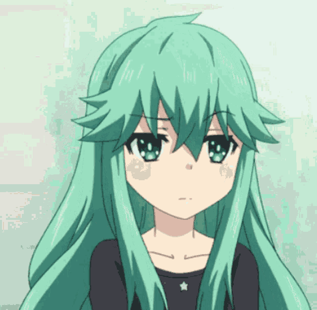 a girl with long green hair has a star on her chest
