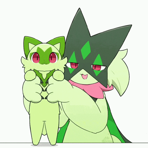 a cartoon drawing of a green cat and a green monster