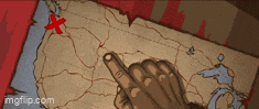 a hand pointing at a map with a red cross on it