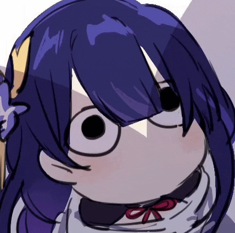 a close up of a cartoon character with purple hair and glasses making a funny face .