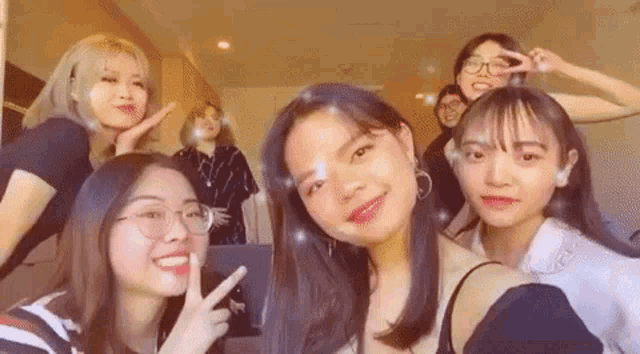 a group of young women are posing for a picture in a room .