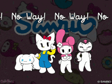 hello kitty my melody and kuromi are standing next to each other