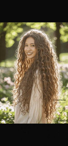 a woman with very long curly hair is standing in a field of flowers .