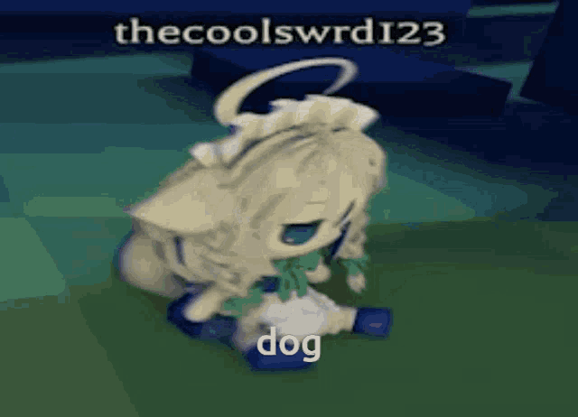 a cartoon character is sitting on the ground with the words dog written on the bottom