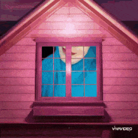 a woman in a blue shirt is looking out a pink window .