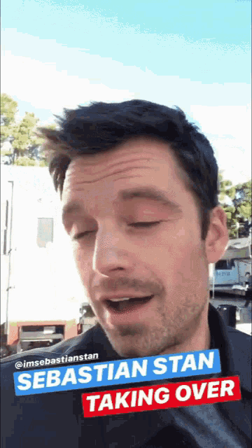 a close up of a man 's face with the words sebastian stan taking over above him