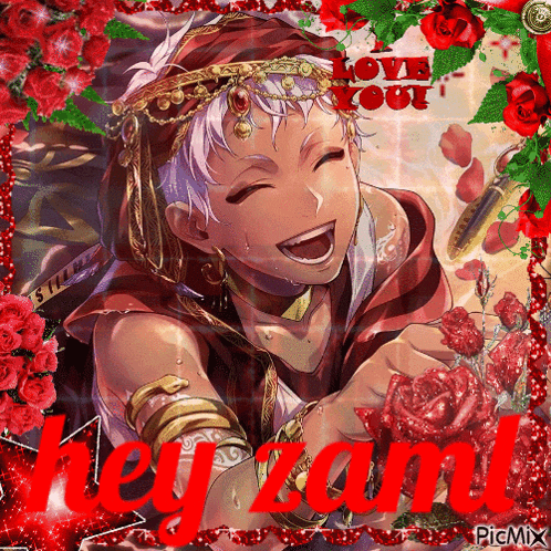a picture of a boy with roses and the word heyzam on the bottom
