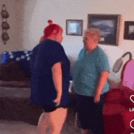 two women are standing in a living room having a conversation .