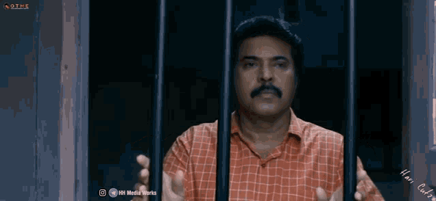 a man with a mustache is behind bars in a prison cell .