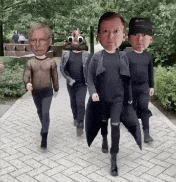 a group of people are walking down a sidewalk with their faces cut out of them