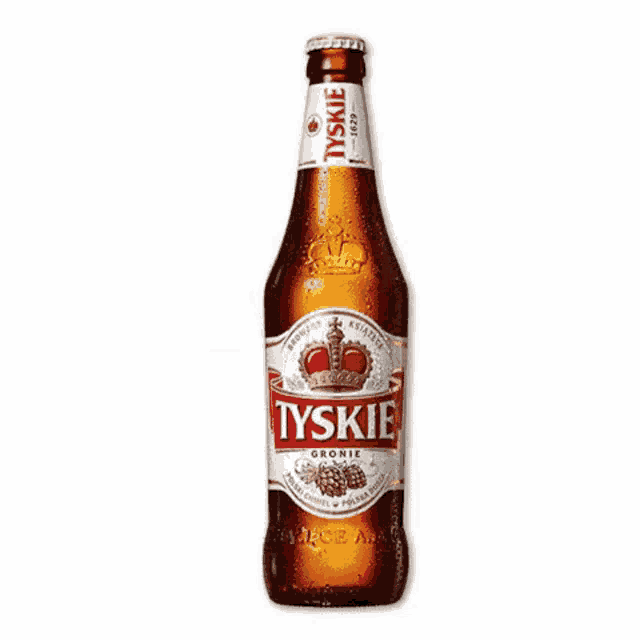 a bottle of tyskie beer with a red crown on it