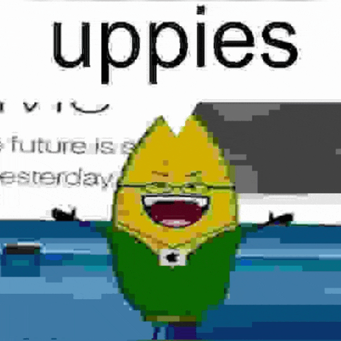 a cartoon of a yellow leaf wearing glasses and a green jacket is standing next to a sign that says uppies .