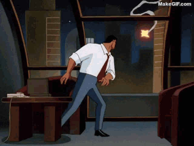 a cartoon of a man standing in front of a broken glass window with makegif.com written on the bottom