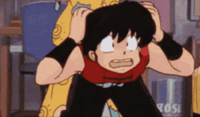 a cartoon character with a red shirt and black pants is holding his hair