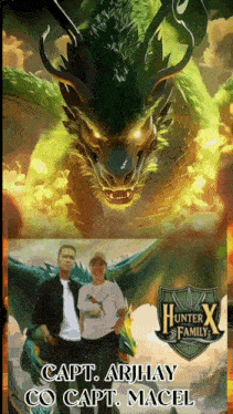 a poster for hunter x family featuring a dragon and two people