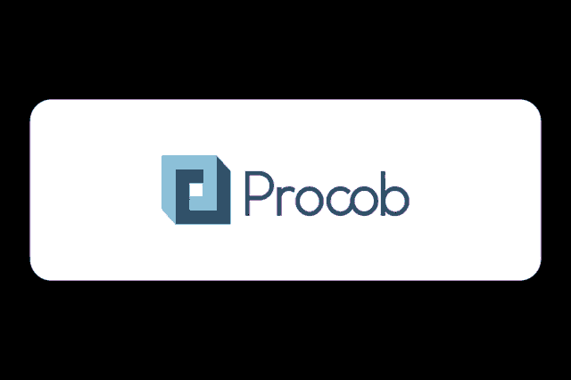 a logo for procob with a blue square in the middle