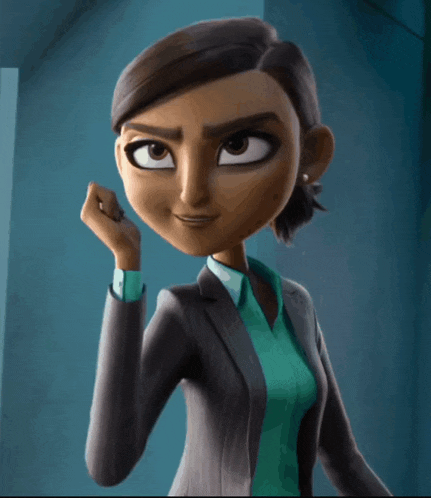 a cartoon woman in a suit and a green shirt