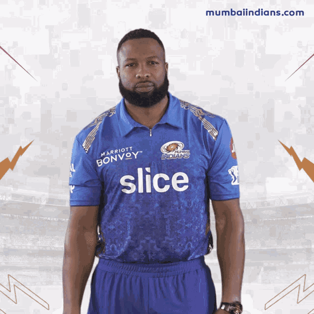 a man wearing a blue shirt that says slice