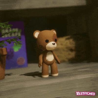 a brown teddy bear is standing on a wooden table with its eyes closed in front of a box that says restytched