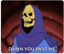 a skeletor from the masters of the universe is wearing a purple hood and saying `` damn you past me '' .