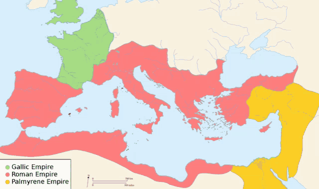a map of the roman empire with the gallic empire roman empire and palmyrene empire