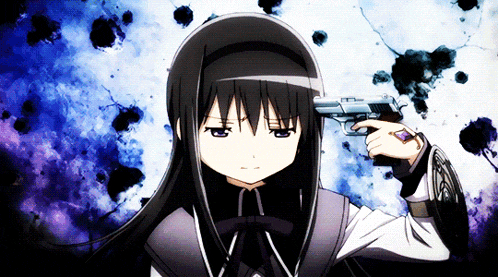 a girl with black hair is pointing a gun at her head