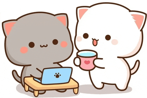 two cartoon cats are sitting next to each other one is using a laptop and the other is holding a cup of tea