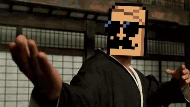 a man in a robe has a pixelated face on his head