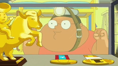 a cartoon of a man holding a statue of a horse