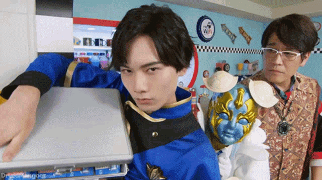 a man in a blue uniform is holding a briefcase in front of a sign that says wifi