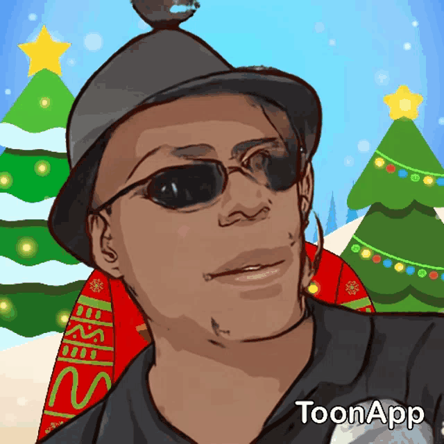 a cartoon of a man wearing a hat and sunglasses with toonapp written on the bottom right