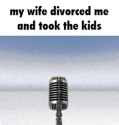 a microphone is standing in front of a blue sky with the words `` my wife divorced me and took the kids '' .