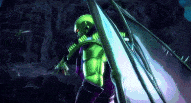 a green and purple robot with wings is standing in a cave