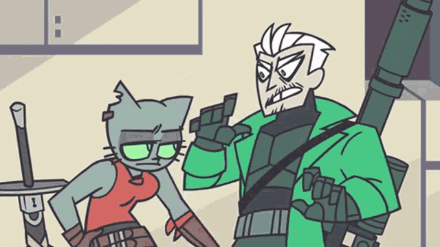 a cartoon drawing of a man and a cat