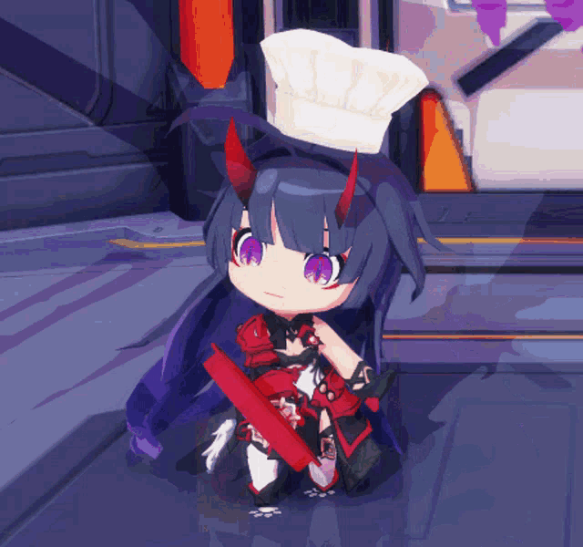a little girl with horns and a chef 's hat