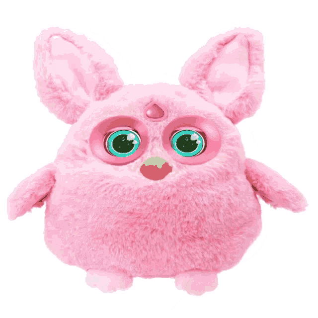 a pink stuffed animal with a yellow beak and green eyes