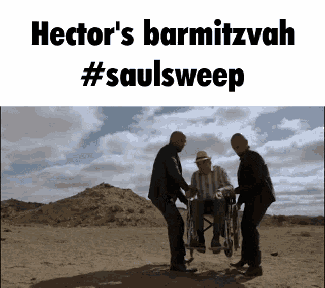 a man in a wheelchair is being pushed by two men in the desert