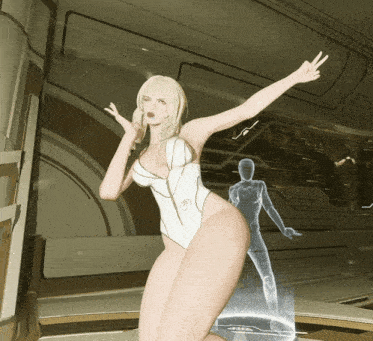 a woman in a white one piece swimsuit stands in front of a hologram of a man
