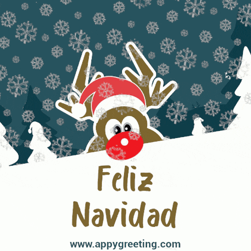 a christmas card with a reindeer with a santa hat on