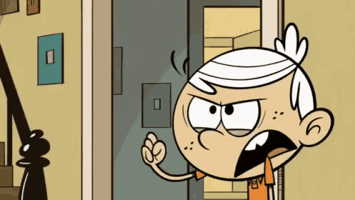 lincoln loud from the loud house is standing in front of a door and making an angry face .