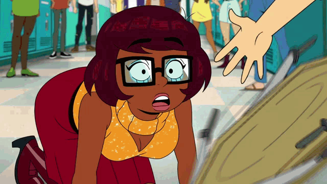 a cartoon of a woman with glasses and a surprised expression on her face