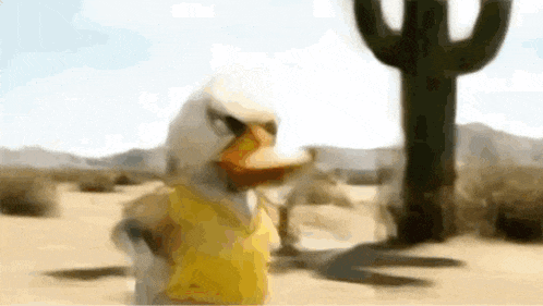 a duck in a yellow vest is standing in the desert next to a cactus .