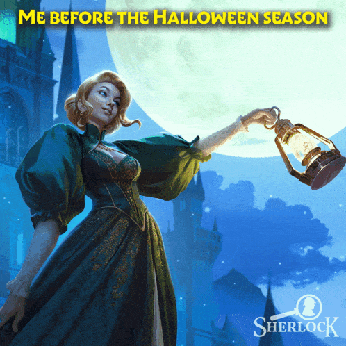 a woman holding a lantern in front of a full moon with the words me before the halloween season above her