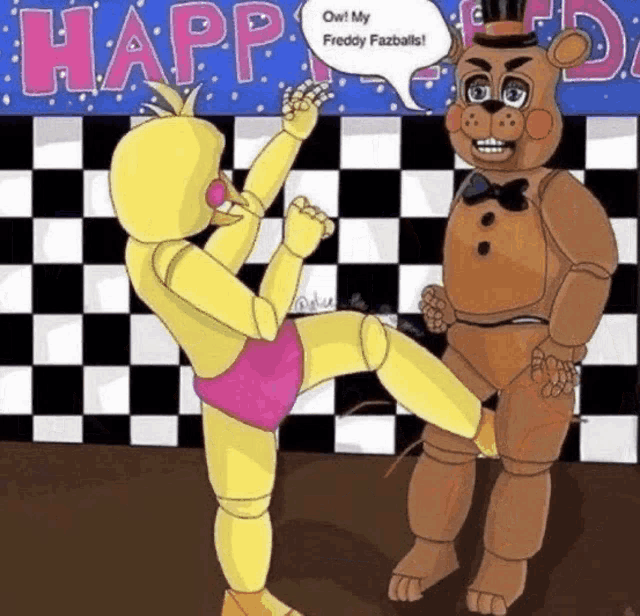 a cartoon of chica kicking freddy fazbear 's leg