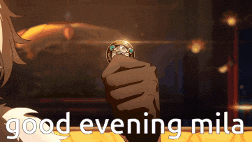 a person holding a coin with the words " good evening mila " written below it